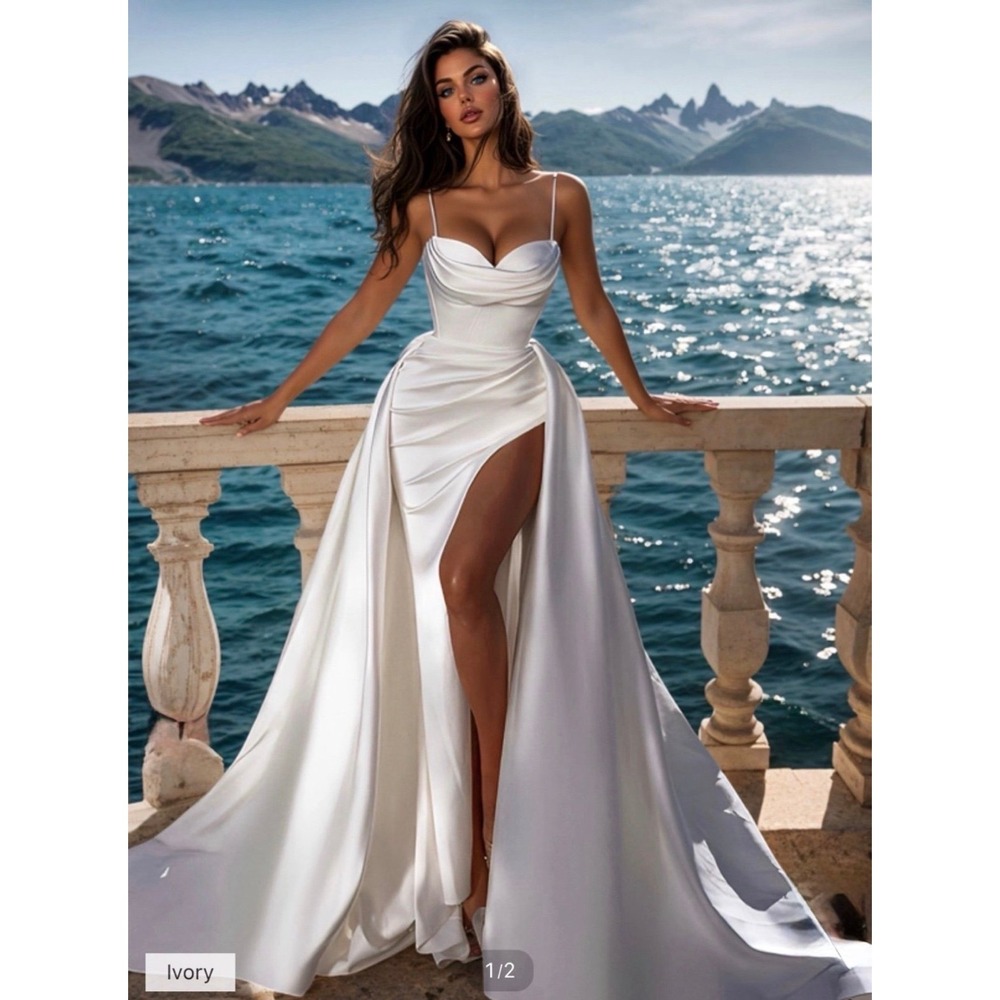 Custom Design Wedding Dress Satin White Size 12 Slit Cowl Neck Corset Bodice